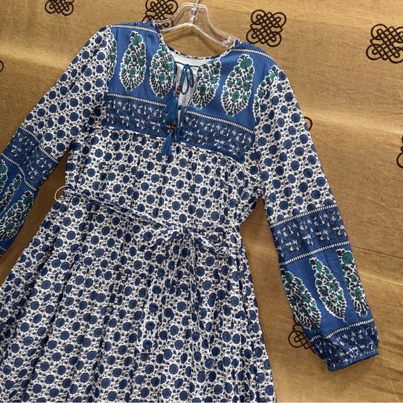 Emerson Fry India Collection Blue&White Paisley Cotton Boho Peasant Midi Dress - Picture 5 of 16